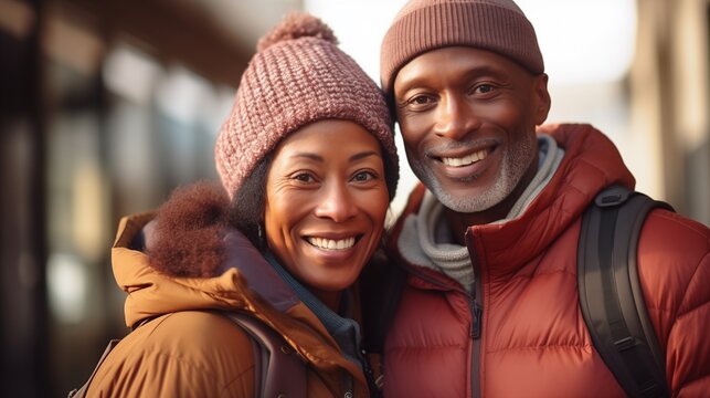 Portrait Mature African American old handsome and beauty couple travel outdoor