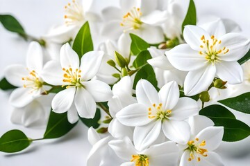 Gorgeous white jasmine blooms against a white background - obrazy, fototapety, plakaty