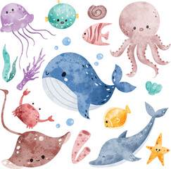Watercolor Illustration set of Cute Sea Animals