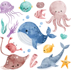 Foto op Plexiglas In de zee Watercolor Illustration set of Cute Sea Animals