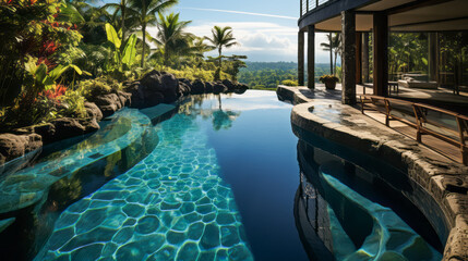 Luxurious infinity pool overlooking lush tropical landscape and modern villa. Resort relaxation concept. Generative AI