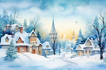 Winter village watercolor painting illustration made by generative ai