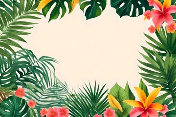 Fototapeta na wymiar Mock-up card featuring flowers, tropical plants, and white space