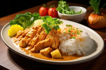 Japanese curry rice with meat, carrot and potato close-up on a plate on a table