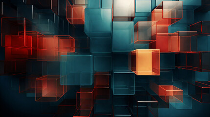 Abstract dark background with glowing red and blue cubes. 3D rendering. Generative AI - obrazy, fototapety, plakaty