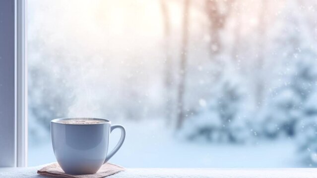 cup of coffee by the window with snowfall in winter. seamless looping time-lapse virtual video animation background. Generated AI