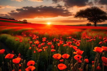 Zelfklevend Fotobehang poppy field at sunset © HUSNA