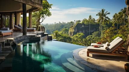 Secluded infinity pool amidst lush jungle, reflecting sunlight. Tranquil retreat. vacation time. Generative AI
