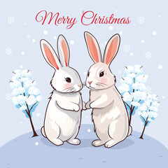 Merry Christmas Card With Cute Rabbit Couple And Winter Background Vector Illustration