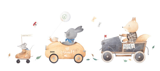 Watercolor illustration. Mouse, fox , bunny and snail ride retro cars. Animal friends go on an adventure. Watercolor set. Baby postcard. - obrazy, fototapety, plakaty