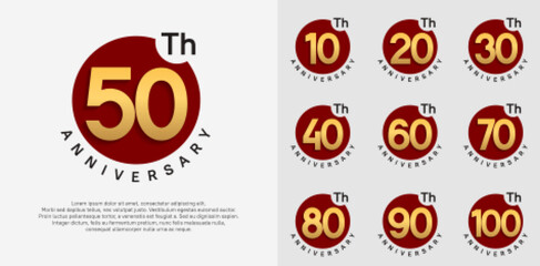 anniversary logotype vector set with red color circle and gold number can be use for celebration moment