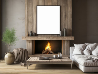 Minimalist living room with fireplace and blank poster for artwork display. Interior design concept. Generative AI
