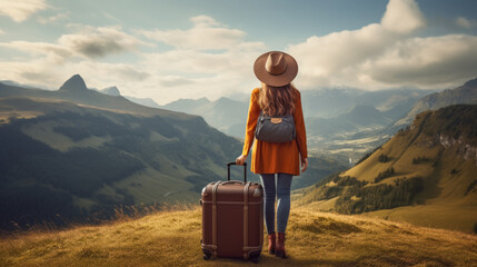 Traveler with orange suitcase overlooking mountainous valley. Generative AI