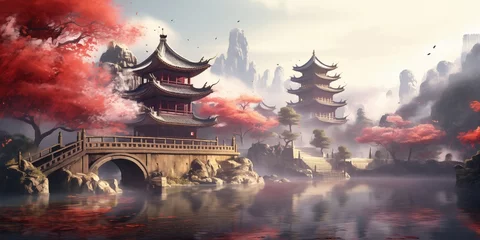 Foto op Canvas Serenity of the Ancient Temple: A Peaceful Forest in Fantasy China © CraftyImago