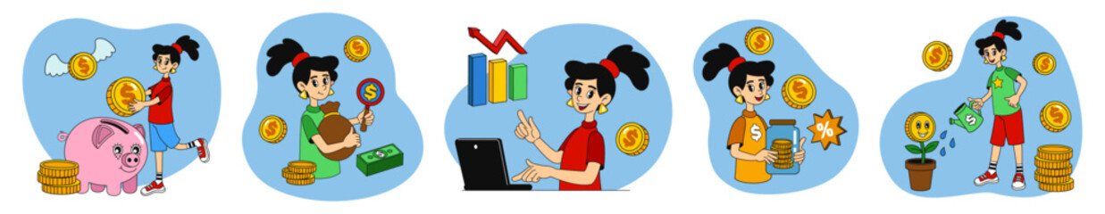 Money character. Financial comic sticker. Finance literacy and economy. Cash tree. Gold coins. Dollar banknotes. Girl with piggy bank. Investment profit growth. Vector cartoon tidy illustrations set