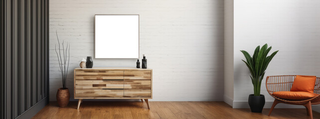 Minimalist interior with wooden sideboard and blank white poster. Modern decor and design concept Generative AI