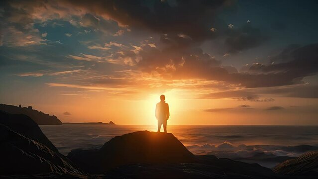 man the seashore looking at the horizon at sunset. Created with Generative AI.	
