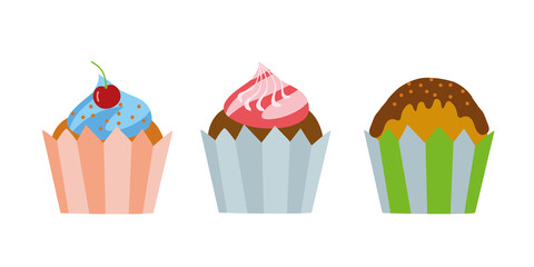 Delicious sweet cupcakes flat design illustration