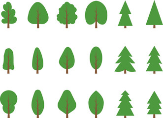 Christmas trees, pines, spruces, conifers and deciduous trees Flat trees set. Flat forest tree nature plant isolated vector illustration.