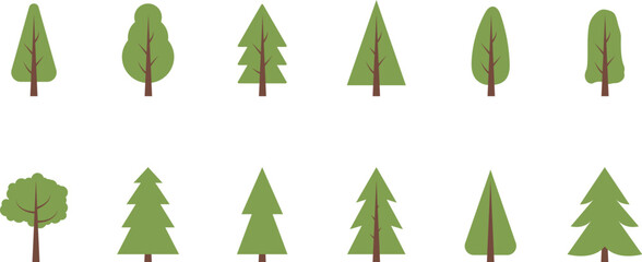 Obraz premium Christmas trees, pines, spruces, conifers and deciduous trees Flat trees set. Flat forest tree nature plant isolated vector illustration.