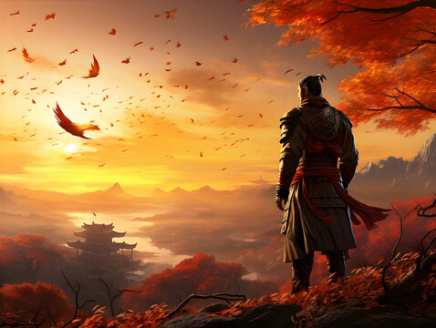 Ancient Chinese Warrior in Autumn Sunrise Scene AI Artwork