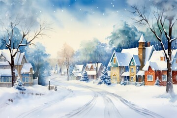 Fototapeta premium Winter village watercolor painting illustration made by generative ai