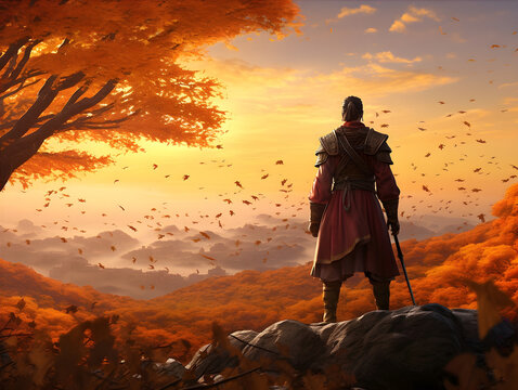 Ancient Chinese Warrior in Autumn Sunrise Scene AI Artwork