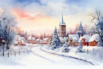 Winter village watercolor painting illustration made by generative ai