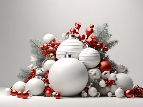 "Festive Christmas Elegance: 3D Rendering of White Background with Balls and Decorations ai image "