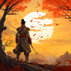Ancient Chinese Warrior in Autumn Sunrise Scene Anime Cartoon AI Artwork