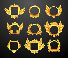Gold awards icons and frames, game design vector illustrations on black