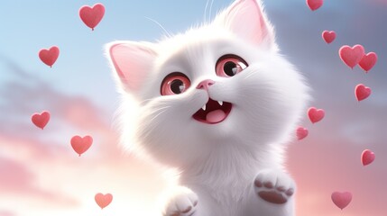 A white cat with hearts flying around it