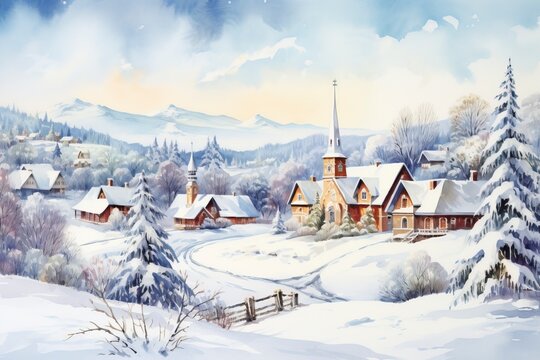 Winter village watercolor painting illustration made by generative ai