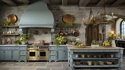 A kitchen with blue cabinets and a stove