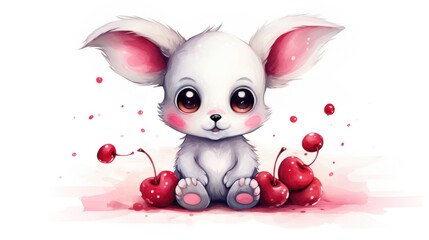 A white rabbit sitting on the ground with cherries