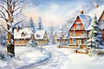 Fototapeta premium Winter village watercolor painting illustration made by generative ai