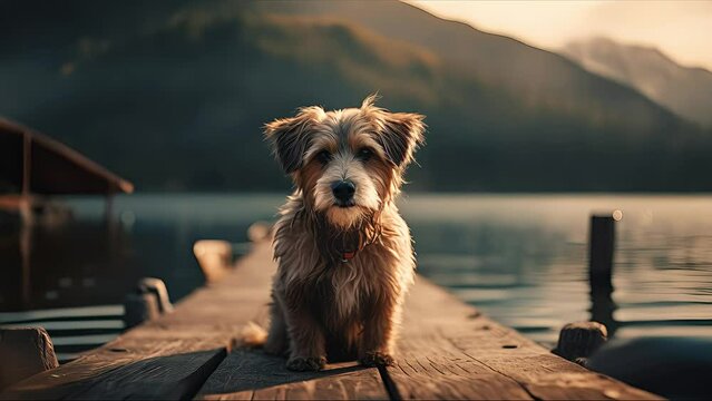 dog standing on the dock of a lake. Created with generative AI.	

