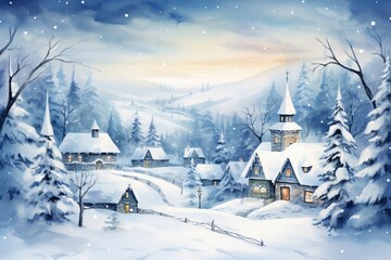 Fototapeta premium Winter village watercolor painting illustration made by generative ai