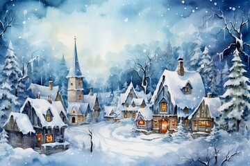 Fototapeta premium Winter village watercolor painting illustration made by generative ai