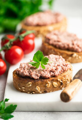 bruschetta with duck liver pate , selective focus