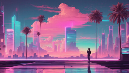 A person standing in a vibrant, vaporwave-inspired neon-lit futuristic cityscape at sunset