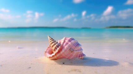 Fototapeta na wymiar Pink Seashell on Sandy Beach Tropical Ocean View.