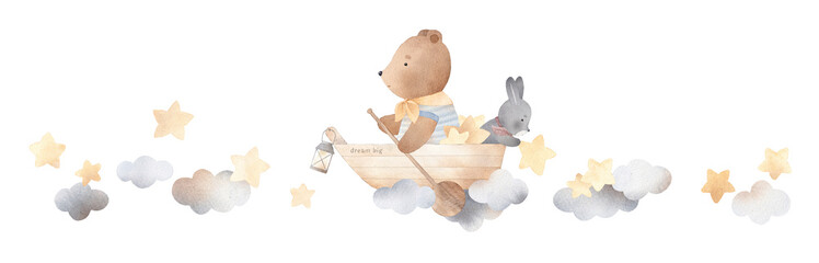 Cute bear and bunny in a wooden boat among the clouds. Travelers in the clouds. Watercolor illustration. Vintage style. Fabulous adventure. Horizontal banner.