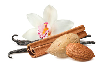 Almond nuts,, vanilla beans and cinnamon isolated on white background