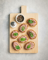 bruschetta with homemade duck liver pate, view from above 