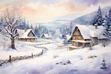 Fototapeta premium Winter village watercolor painting illustration made by generative ai