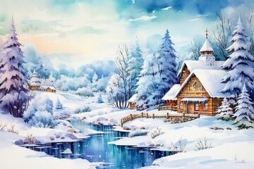 Winter village watercolor painting illustration made by generative ai