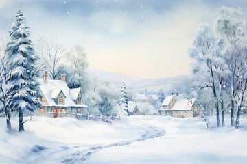 Winter village watercolor painting illustration made by generative ai