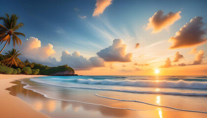 Tropical beach with beautiful sea and beautiful sunset - obrazy, fototapety, plakaty