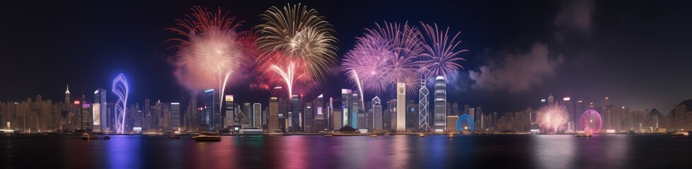Celebration new year. night city in fireworks fire. Skyline with fireworks light up sky. Beautiful night view cityscape. Holidays, celebrating New Year and holiday